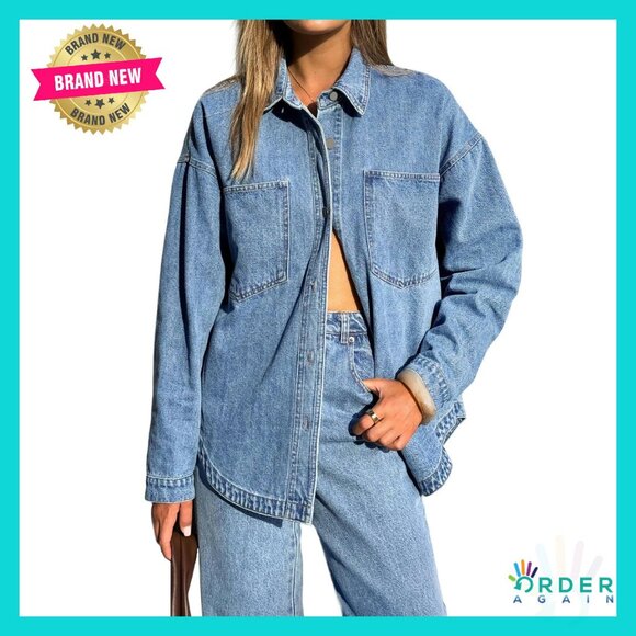 Jackets & Blazers - Oversized Denim Shirt Button Down Blouse Distressed Y2K Chic Fall Outfit